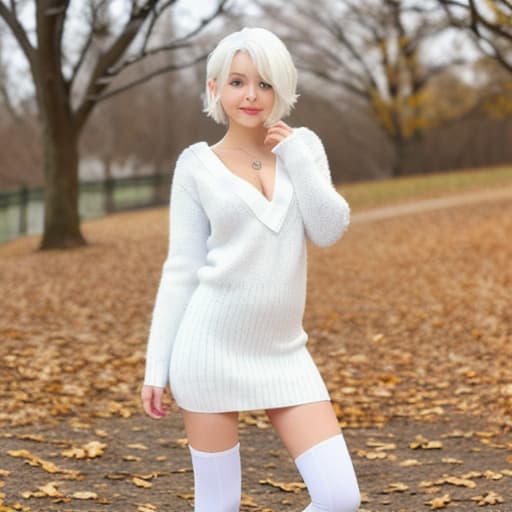  white hair, snow, knit sweater dress, one white leggings, short frilly hair, innocent, beautiful, cute,, clevage,, young