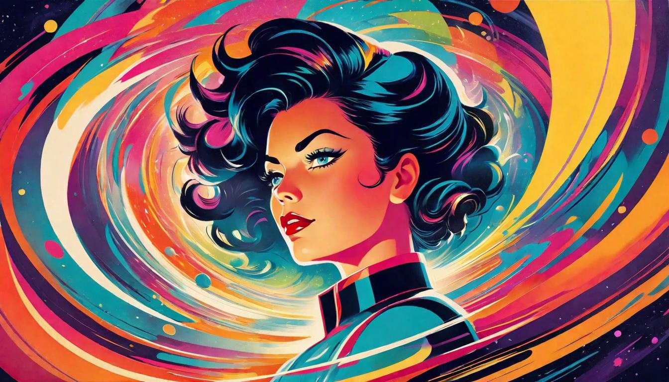  retro futuristic A person surrounded by a swirling vortex of colors, representing overwhelming energies. Overwhelm, energy, coping. lvintage sci fi, 50s and 60s style, atomic age, vibrant, highly detailed