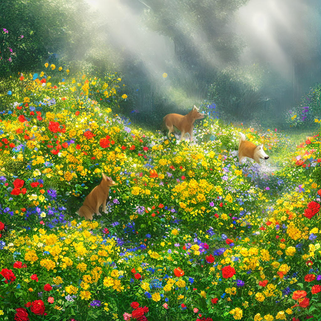  This masterpiece showcases a dog flying gracefully in a garden full of flowers. The scene is captured in the best quality, 8k resolution, with high detailed and ultra-detailed elements. The main subject, the dog, is depicted with vibrant colors and a joyful expression. Surrounding the dog, the garden is adorned with an abundance of colorful flowers in various shapes and sizes. The flowers range from delicate roses to blooming sunflowers, creating a visually stunning scene. The garden is bathed in warm sunlight, casting gentle rays of light on the dog and the flowers, enhancing the vibrant colors and adding a touch of magic to the atmosphere. The style of this artwork is reminiscent of impressionism, and it is created by the talented artist  hyperrealistic, full body, detailed clothing, highly detailed, cinematic lighting, stunningly beautiful, intricate, sharp focus, f/1. 8, 85mm, (centered image composition), (professionally color graded), ((bright soft diffused light)), volumetric fog, trending on instagram, trending on tumblr, HDR 4K, 8K