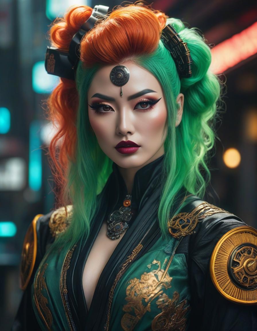  retro cyberpunk Gorgeous fluid, realistic and intricate, high definition portrait of a Gothic Geisha with realistic, clear eyes and detailed green hair, high resolution, photorealistic, Nikon Z9, 85mm F1.2, DOF, sharp focus very detailed and extremely beautiful. Intricate photorealistic 8k winning photography masterpiece, ultra detailed high definition sharp quality focused in hdr Ultra realistic, HR Ginger . 80's inspired, synthwave, neon, vibrant, detailed, retro futurism hyperrealistic, full body, detailed clothing, highly detailed, cinematic lighting, stunningly beautiful, intricate, sharp focus, f/1. 8, 85mm, (centered image composition), (professionally color graded), ((bright soft diffused light)), volumetric fog, trending on instagram, trending on tumblr, HDR 4K, 8K