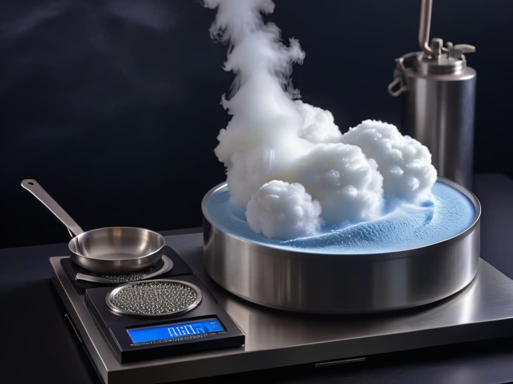  An intricate closeup of a silver dewar flask filled with billowing clouds of liquid nitrogen, surrounded by sleek stainless steel measuring spoons, precise digital scales, and futuristic molecular gastronomy tools, all set against a stark black backdrop. Each detail is meticulously captured in high definition, highlighting the cuttingedge equipment used in molecular gastronomy. hyperrealistic, full body, detailed clothing, highly detailed, cinematic lighting, stunningly beautiful, intricate, sharp focus, f/1. 8, 85mm, (centered image composition), (professionally color graded), ((bright soft diffused light)), volumetric fog, trending on instagram, trending on tumblr, HDR 4K, 8K