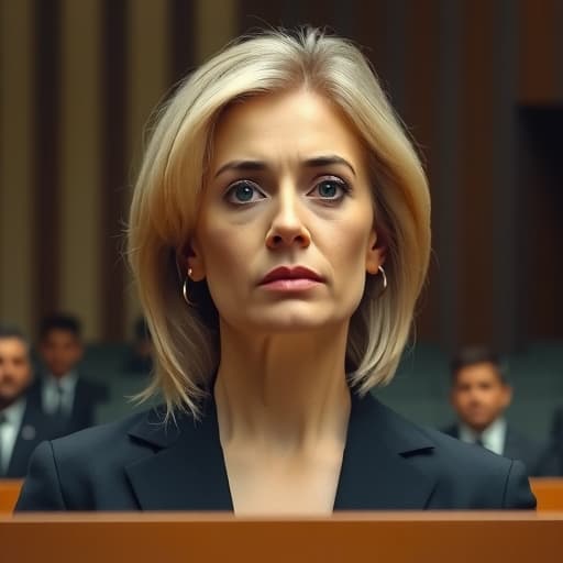  the face of a scared middle aged blond woman who stands at a podium defending herself in court in the style of tatsuro kiuchi, minimalism, simple v 6.1 s 750 hyperrealistic, full body, detailed clothing, highly detailed, cinematic lighting, stunningly beautiful, intricate, sharp focus, f/1. 8, 85mm, (centered image composition), (professionally color graded), ((bright soft diffused light)), volumetric fog, trending on instagram, trending on tumblr, HDR 4K, 8K