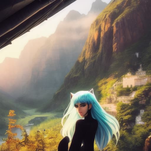  A girl with greenblue hair and orange eyes, with a black cat with eyes the same color as her hair hyperrealistic, full body, detailed clothing, highly detailed, cinematic lighting, stunningly beautiful, intricate, sharp focus, f/1. 8, 85mm, (centered image composition), (professionally color graded), ((bright soft diffused light)), volumetric fog, trending on instagram, trending on tumblr, HDR 4K, 8K