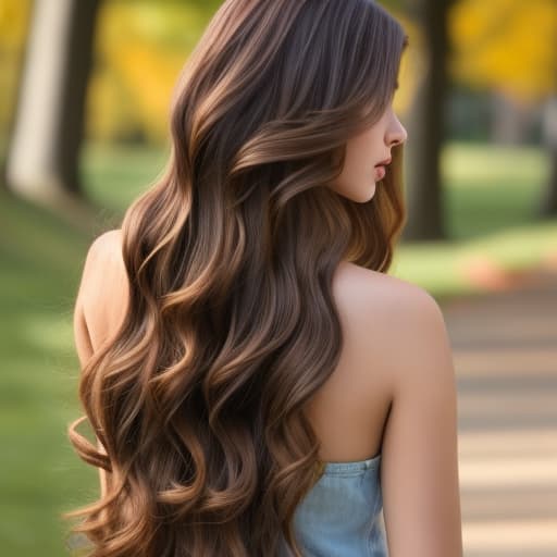  Young beautiful woman with long brown wavy hair flowing down her back and shoulders