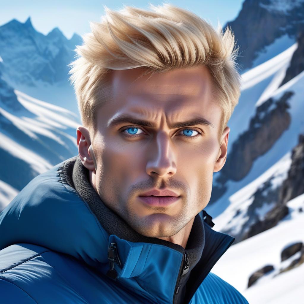  Beautiful brutal young man with blond hair, tall, with a severe, predatory, expressive gaze of blue eyes, high cheekbones, clear jawline, plump lips, attractive body, wide shoulders, in hiking winter clothing in the mountains, 4K, HDR+, hyperrealism, high resolution, excellent detailing, professional photography, best quality, clear details, octane rendering, Full HD, HDR+. hyperrealistic, full body, detailed clothing, highly detailed, cinematic lighting, stunningly beautiful, intricate, sharp focus, f/1. 8, 85mm, (centered image composition), (professionally color graded), ((bright soft diffused light)), volumetric fog, trending on instagram, trending on tumblr, HDR 4K, 8K