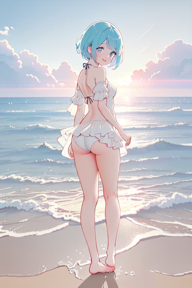  (((composition facing left:1.4、standing、looking back)))、(swimsuit、 micro )、smiling、on the beach、(best quality:1.4、masterpiece:1.4、ultra detailed texture、RAW photorealistic、absurd resolution、8K illustration)、💩、💩、💩 hyperrealistic, full body, detailed clothing, highly detailed, cinematic lighting, stunningly beautiful, intricate, sharp focus, f/1. 8, 85mm, (centered image composition), (professionally color graded), ((bright soft diffused light)), volumetric fog, trending on instagram, trending on tumblr, HDR 4K, 8K