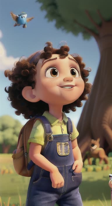  {Riley looking up at the tree with a big smile, animals surrounding them., Riley, a curious with big brown eyes and curly hair, wearing overalls and carrying a small backpack. Their friend, Skye, a bluebird with shiny feathers.