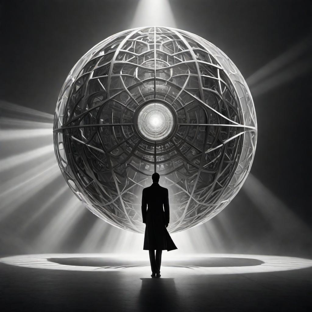  Create an image that visually represents the analysis of an abstract art piece as described: 1. A large, central, textured sphere. 2. Multiple radiating pathways leading towards the sphere. 3. Many small, humanoid figures moving towards the central sphere along these pathways. 4. The scene is in monochrome, black and white tones, with high contrast. 5. Use of light and shadow to create a sense of depth. The image should convey themes of convergence, collectivism, and possibly control or surveillance, with an overarching emotional tone of awe or tension. Additionally, it should hint at cultural or historical significance related to society, individuality, or the human condition. hyperrealistic, full body, detailed clothing, highly detailed, cinematic lighting, stunningly beautiful, intricate, sharp focus, f/1. 8, 85mm, (centered image composition), (professionally color graded), ((bright soft diffused light)), volumetric fog, trending on instagram, trending on tumblr, HDR 4K, 8K