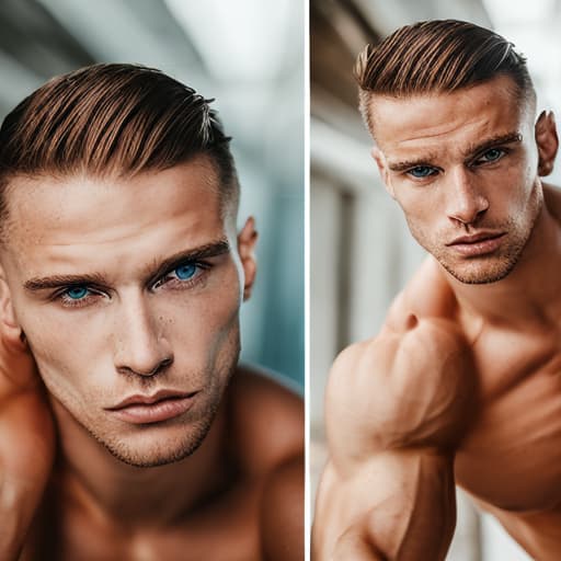 portrait+ style Russian queer fitness model blonde hunk dude face