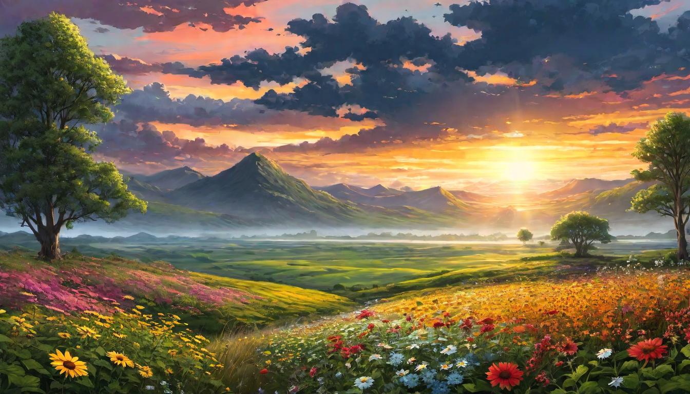  digital illustration, A field of wildflowers, some wilted and others blooming, under a vast sky with a radiant sunrise, symbolism of renewal, perspective of eternity, life cycles, looking at viewer, dynamic pose, (intricate details, masterpiece, best quality)