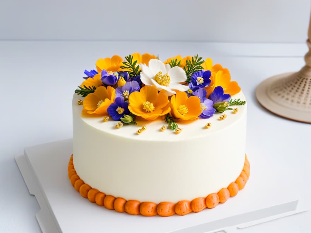  A highresolution, minimalist image of a beautifully decorated winter carrot cake, topped with cream cheese frosting and adorned with delicate edible flowers and gold leaf accents, set against a simple, elegant white backdrop. hyperrealistic, full body, detailed clothing, highly detailed, cinematic lighting, stunningly beautiful, intricate, sharp focus, f/1. 8, 85mm, (centered image composition), (professionally color graded), ((bright soft diffused light)), volumetric fog, trending on instagram, trending on tumblr, HDR 4K, 8K