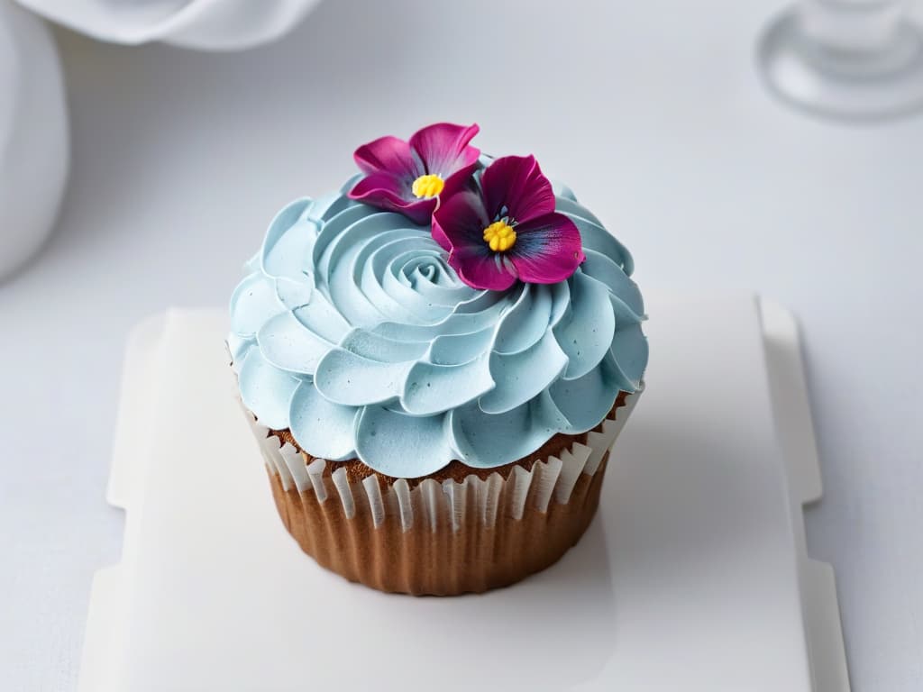  A beautifully detailed and intricate 3Dprinted vegan cupcake, adorned with delicate edible flowers and swirls of plantbased frosting, set against a sleek white background. Each petal and swirl is meticulously crafted, showcasing the artistry and precision of combining vegan baking with 3D printing technology. hyperrealistic, full body, detailed clothing, highly detailed, cinematic lighting, stunningly beautiful, intricate, sharp focus, f/1. 8, 85mm, (centered image composition), (professionally color graded), ((bright soft diffused light)), volumetric fog, trending on instagram, trending on tumblr, HDR 4K, 8K