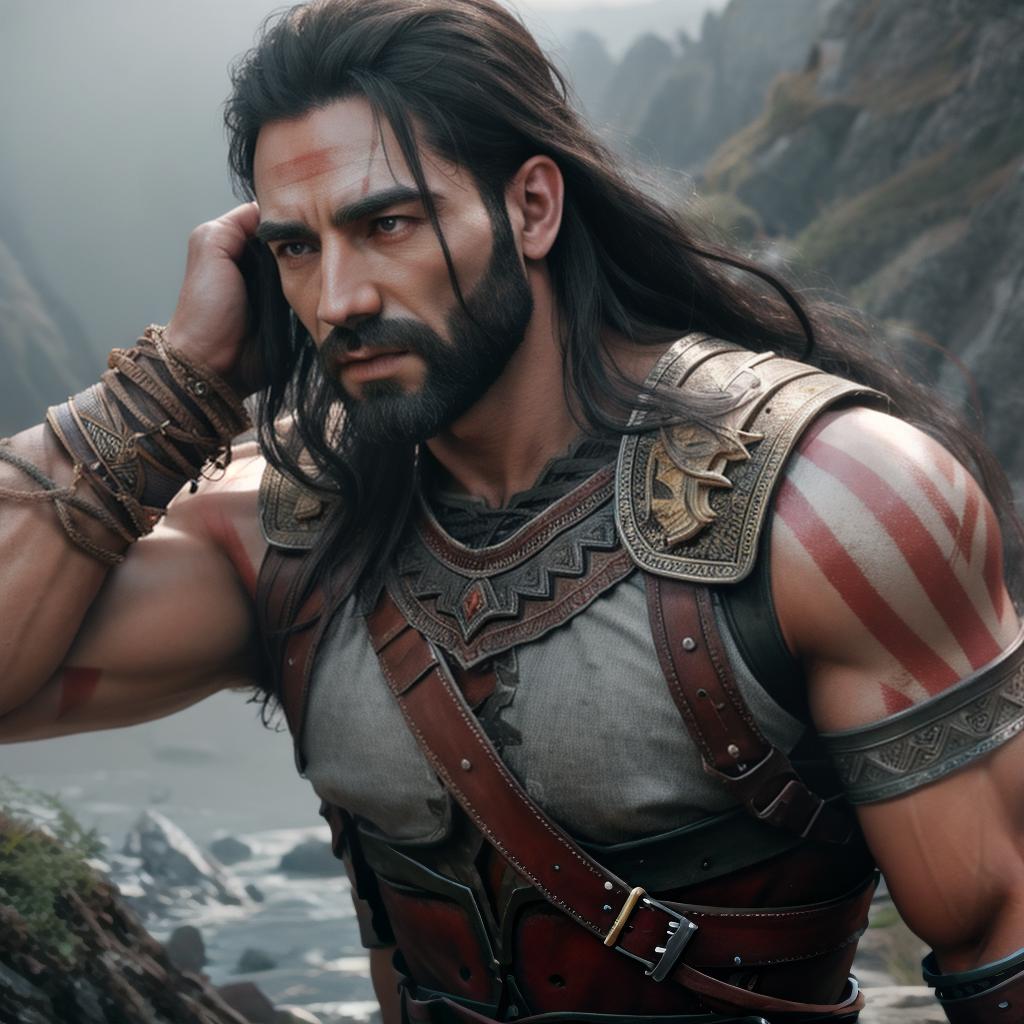  God of war hyperrealistic, full body, detailed clothing, highly detailed, cinematic lighting, stunningly beautiful, intricate, sharp focus, f/1. 8, 85mm, (centered image composition), (professionally color graded), ((bright soft diffused light)), volumetric fog, trending on instagram, trending on tumblr, HDR 4K, 8K