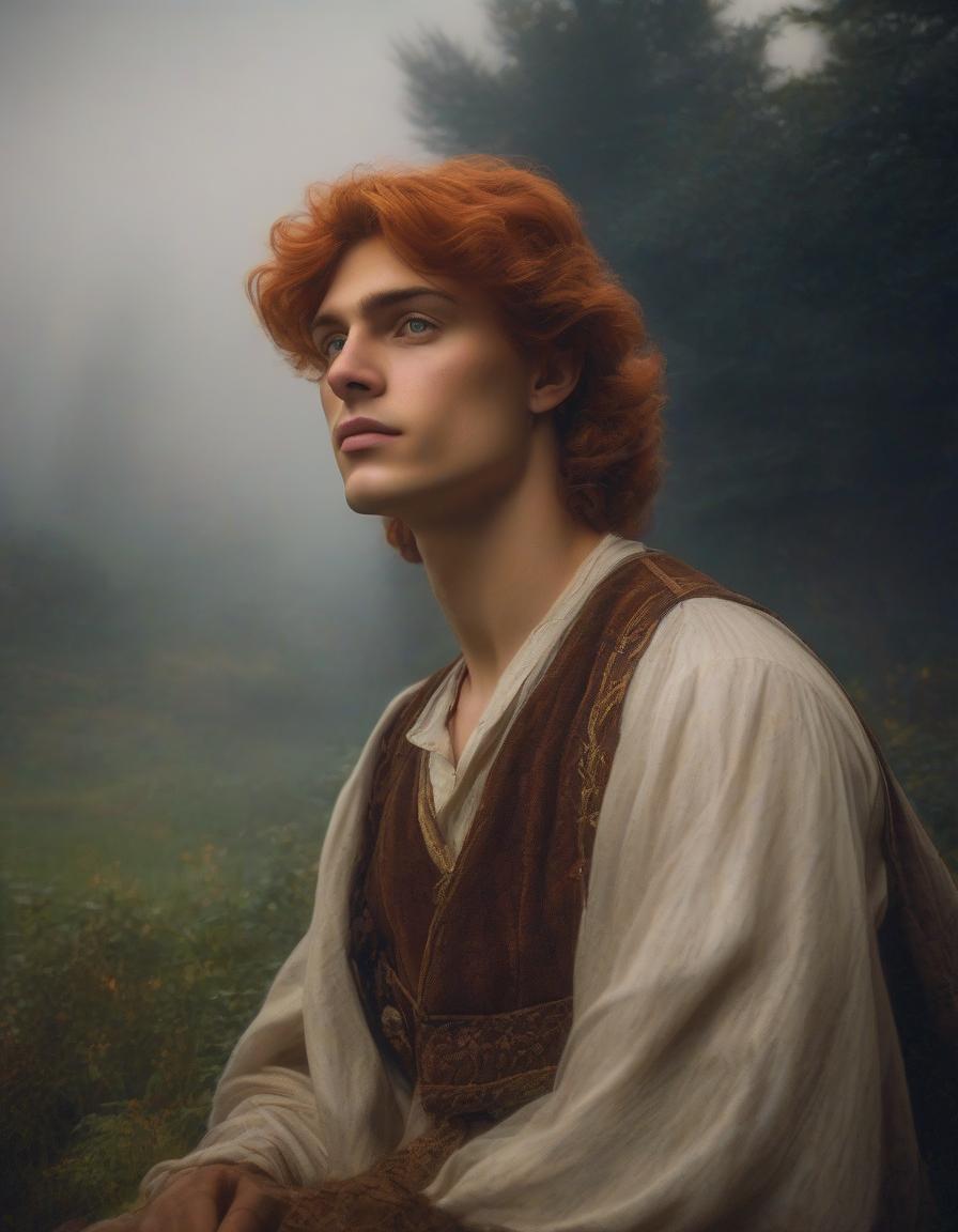  the era of the Middle Ages, the maximum close up, dark moonlit night, the most detailed portrait of a cute freckled old boy with tousled red hair, in light peasant clothes of the Tudor era, raising his head sits on a stone in deep thought and looks at the starry sky, expressive gray green eyes drawn in the most detail, long eyelashes, maximum detail, fine details, saturated colors, image in the style of Daniel F. Gerhartz and Eugene de Blaas, maximum emphasis on the face, , saturated colors, hyperrealistic, full body, detailed clothing, highly detailed, cinematic lighting, stunningly beautiful, intricate, sharp focus, f/1. 8, 85mm, (centered image composition), (professionally color graded), ((bright soft diffused light)), volumetric fog, trending on instagram, trending on tumblr, HDR 4K, 8K