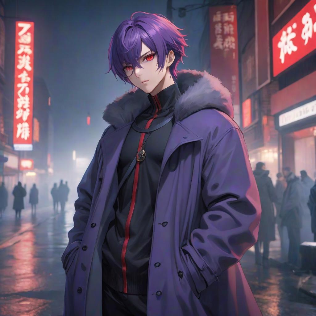  Anime guy, violet hair, red eyes, in a coat hyperrealistic, full body, detailed clothing, highly detailed, cinematic lighting, stunningly beautiful, intricate, sharp focus, f/1. 8, 85mm, (centered image composition), (professionally color graded), ((bright soft diffused light)), volumetric fog, trending on instagram, trending on tumblr, HDR 4K, 8K