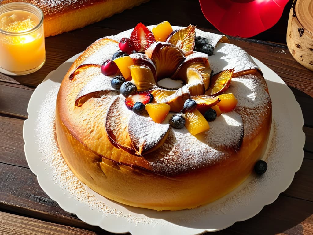  A closeup, ultradetailed image of a freshly baked Roscón de Reyes, adorned with vibrant candied fruits and a light dusting of powdered sugar, resting on a rustic wooden table with soft natural light illuminating its golden crust. hyperrealistic, full body, detailed clothing, highly detailed, cinematic lighting, stunningly beautiful, intricate, sharp focus, f/1. 8, 85mm, (centered image composition), (professionally color graded), ((bright soft diffused light)), volumetric fog, trending on instagram, trending on tumblr, HDR 4K, 8K