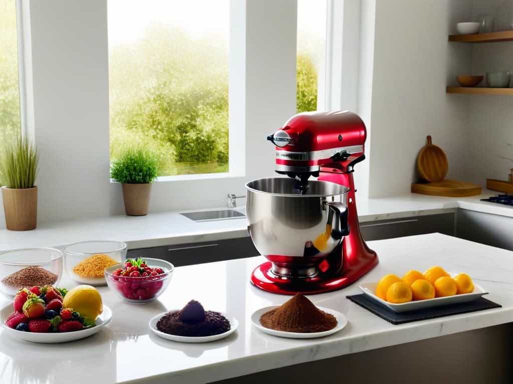  An ultradetailed image of a sleek, modern kitchen filled with gleaming stainless steel appliances and marble countertops. In the center, a pristine white stand mixer is elegantly displayed, surrounded by neatly arranged bowls of colorful ingredients like fresh berries, chocolate shavings, and vibrant citrus fruits. The soft natural light streaming in through a large window illuminates the scene, casting a warm glow over the sophisticated space. hyperrealistic, full body, detailed clothing, highly detailed, cinematic lighting, stunningly beautiful, intricate, sharp focus, f/1. 8, 85mm, (centered image composition), (professionally color graded), ((bright soft diffused light)), volumetric fog, trending on instagram, trending on tumblr, HDR 4K, 8K