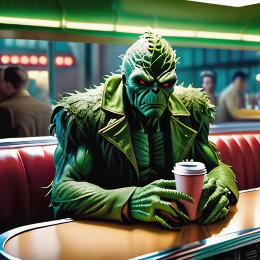  1950s Hollywood movie poster of a sad swamp thing in a diner hyperrealistic, full body, detailed clothing, highly detailed, cinematic lighting, stunningly beautiful, intricate, sharp focus, f/1. 8, 85mm, (centered image composition), (professionally color graded), ((bright soft diffused light)), volumetric fog, trending on instagram, trending on tumblr, HDR 4K, 8K hyperrealistic, full body, detailed clothing, highly detailed, cinematic lighting, stunningly beautiful, intricate, sharp focus, f/1. 8, 85mm, (centered image composition), (professionally color graded), ((bright soft diffused light)), volumetric fog, trending on instagram, trending on tumblr, HDR 4K, 8K