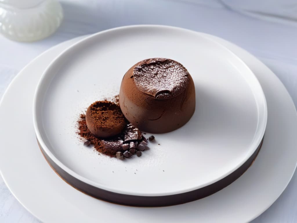  A closeup, ultradetailed image of a single keto chocolate truffle elegantly dusted with cocoa powder, resting on a sleek, modern white plate. The truffle is perfectly round, showcasing a glossy finish that reflects soft ambient lighting, emphasizing its decadent texture. The cocoa powder dusting is delicately sprinkled, adding a contrasting touch against the rich darkness of the truffle. The plate's surface is immaculately clean, enhancing the overall minimalistic aesthetic of the image. hyperrealistic, full body, detailed clothing, highly detailed, cinematic lighting, stunningly beautiful, intricate, sharp focus, f/1. 8, 85mm, (centered image composition), (professionally color graded), ((bright soft diffused light)), volumetric fog, trending on instagram, trending on tumblr, HDR 4K, 8K