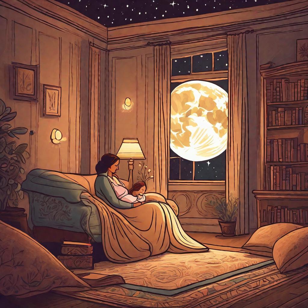  Prompt: Create a whimsical and gentle image that represents a transformative late-night story time. The scene takes place in an inviting room, with the corner of a warmly lit by the soft glow of a moon-shaped side lamp. A mother and lie comfortably snuggled under a blanket, their faces filled with delight and wonder. The mother holds an open, image-filled storybook, creating an exotic and magical aura around. As a visual representation of their journey, dreaming elements from their story start to manifest and blend into their serene surroundings. The blanket morphs into a vint, voluminous ocean wave, carrying them onto a distant, mysterious island teeming with friendly, fantastical creatures ranging from unique hyperrealistic, full body, detailed clothing, highly detailed, cinematic lighting, stunningly beautiful, intricate, sharp focus, f/1. 8, 85mm, (centered image composition), (professionally color graded), ((bright soft diffused light)), volumetric fog, trending on instagram, trending on tumblr, HDR 4K, 8K