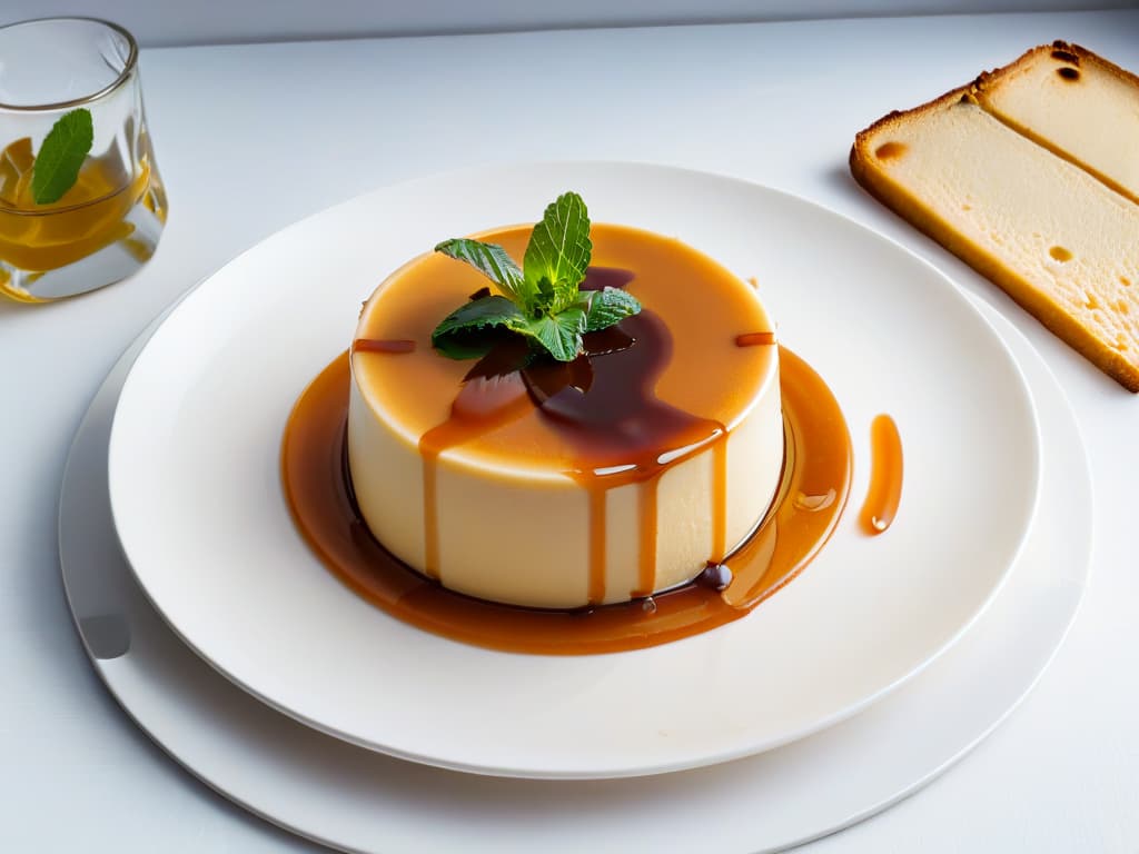  A visually stunning, minimalist image of a perfectly plated slice of Quesillo Venezolano garnished with a sprig of fresh mint and a drizzle of caramel sauce on a sleek, white ceramic plate. The rich, creamy texture of the flan contrasts beautifully with the glossy caramel, creating an elegant and appetizing display that embodies the essence of this traditional Venezuelan dessert. hyperrealistic, full body, detailed clothing, highly detailed, cinematic lighting, stunningly beautiful, intricate, sharp focus, f/1. 8, 85mm, (centered image composition), (professionally color graded), ((bright soft diffused light)), volumetric fog, trending on instagram, trending on tumblr, HDR 4K, 8K