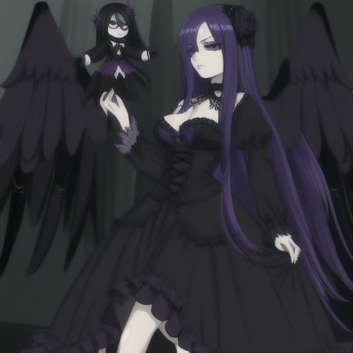  a gothic puppet Herrscher with long dark purple and royal blue hair wearing a long black and dark purple dress and wears black wings