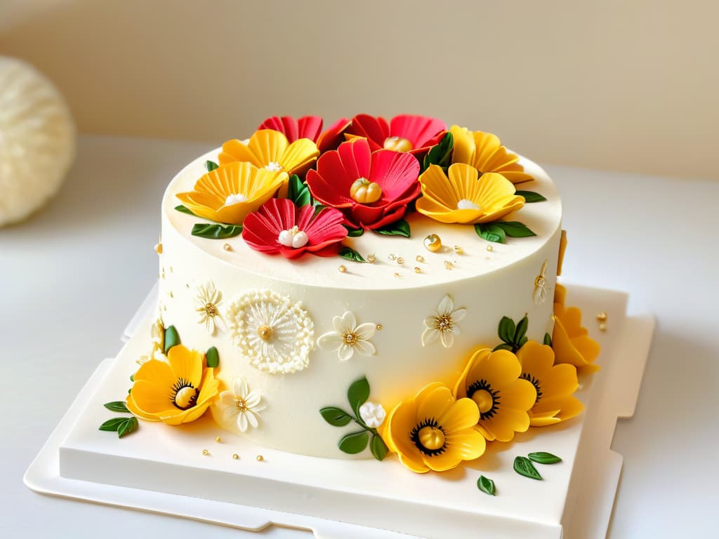  A closeup, ultradetailed image of a beautifully decorated cake with intricate, colorful fondant flowers, delicate sugar lace details, and shimmering edible gold leaf accents. The cake sits on a sleek, minimalist white platter against a soft, blurred background, emphasizing the exquisite craftsmanship and artistry of modern augmented reality baking techniques. hyperrealistic, full body, detailed clothing, highly detailed, cinematic lighting, stunningly beautiful, intricate, sharp focus, f/1. 8, 85mm, (centered image composition), (professionally color graded), ((bright soft diffused light)), volumetric fog, trending on instagram, trending on tumblr, HDR 4K, 8K