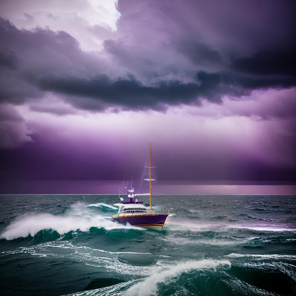  ((masterpiece)), (((best quality))), 8k, high detailed, ultra-detailed. A lone sailboat navigating through ((dark purple)) stormy waters, waves crashing against the hull, lightning illuminating the gloomy skies, rain pouring heavily, a glimpse of a distant lighthouse guiding the way. hyperrealistic, full body, detailed clothing, highly detailed, cinematic lighting, stunningly beautiful, intricate, sharp focus, f/1. 8, 85mm, (centered image composition), (professionally color graded), ((bright soft diffused light)), volumetric fog, trending on instagram, trending on tumblr, HDR 4K, 8K