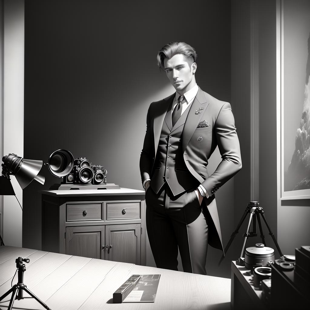  ((masterpiece)),(((best quality))), 8k, high detailed, ultra-detailed. Gavin Mophett posing in a vintage photography studio. Black and white, with dramatic lighting and shadows. His piercing blue eyes captivating the viewer. A vintage camera placed on a wooden table in the foreground, adding a nostalgic touch. Gavin Mophett wearing a tailored suit, exuding confidence and sophistication. A collection of antique photography props scattered around the set, including old film reels, vintage lenses, and a classic tripod. The studio walls adorned with stunning black and white photographs taken by Gavin, showcasing his talent and expertise. hyperrealistic, full body, detailed clothing, highly detailed, cinematic lighting, stunningly beautiful, intricate, sharp focus, f/1. 8, 85mm, (centered image composition), (professionally color graded), ((bright soft diffused light)), volumetric fog, trending on instagram, trending on tumblr, HDR 4K, 8K