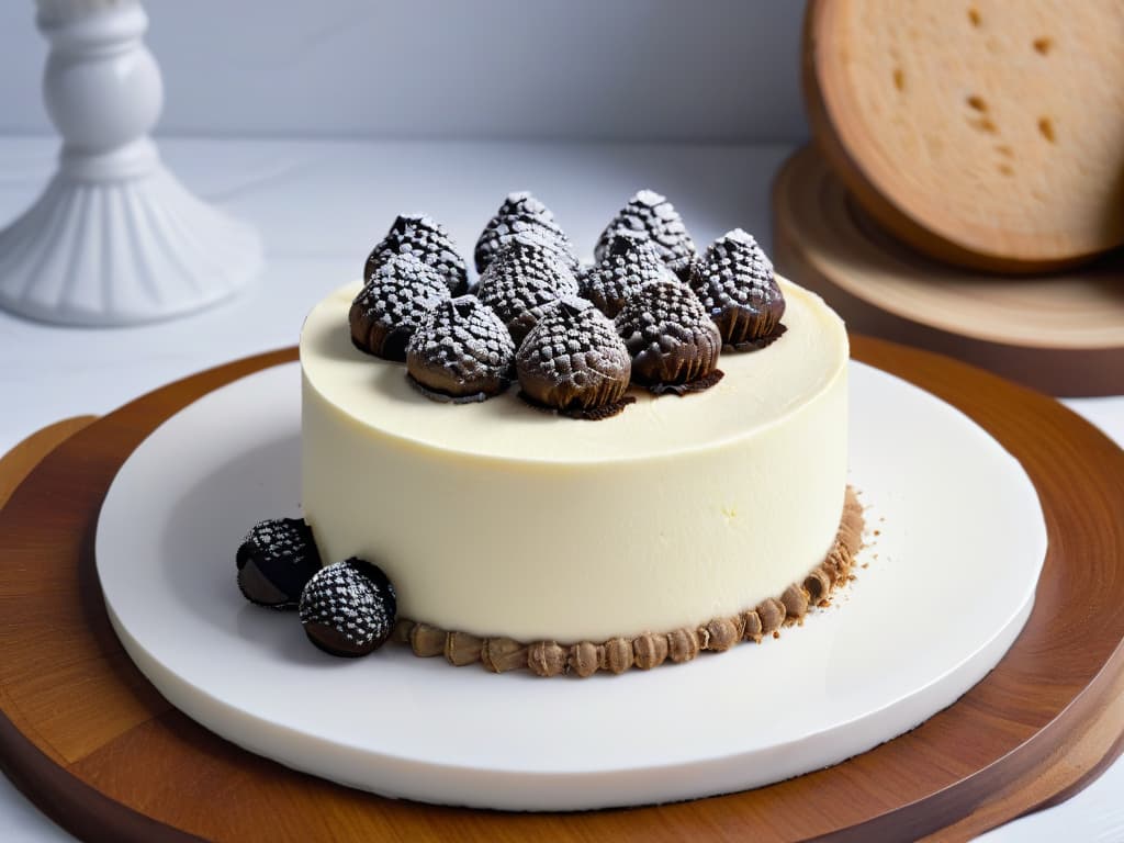  An ultradetailed photograph of a decadent black truffle cheesecake sitting on a sleek, white marble platter. The velvety cheesecake is topped with delicate shavings of black truffle, exuding an aura of luxury and exclusivity. The minimalist composition highlights the intricate details of the dessert, with the contrasting colors of black and white creating a visually striking and sophisticated image. hyperrealistic, full body, detailed clothing, highly detailed, cinematic lighting, stunningly beautiful, intricate, sharp focus, f/1. 8, 85mm, (centered image composition), (professionally color graded), ((bright soft diffused light)), volumetric fog, trending on instagram, trending on tumblr, HDR 4K, 8K