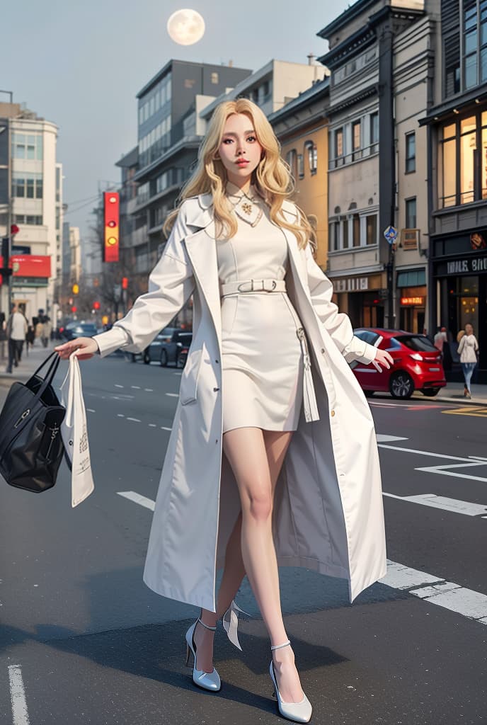  A woman with long blonde hair and a white coat stands in front of a tall building under a full moon., bichu,oil painting,Impressionism ADVERTISING PHOTO,high quality, good proportion, masterpiece , The image is captured with an 8k camera