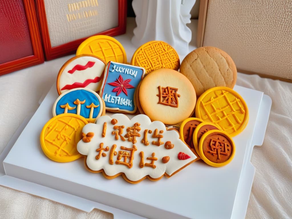  An ultradetailed, minimalist image of a diverse array of intricately decorated cookies from around the world, each representing a unique cultural festival. The cookies are meticulously arranged on a clean, white surface, showcasing vibrant colors, intricate designs, and delicate details that highlight the rich diversity and creativity of global cookie festivals. hyperrealistic, full body, detailed clothing, highly detailed, cinematic lighting, stunningly beautiful, intricate, sharp focus, f/1. 8, 85mm, (centered image composition), (professionally color graded), ((bright soft diffused light)), volumetric fog, trending on instagram, trending on tumblr, HDR 4K, 8K