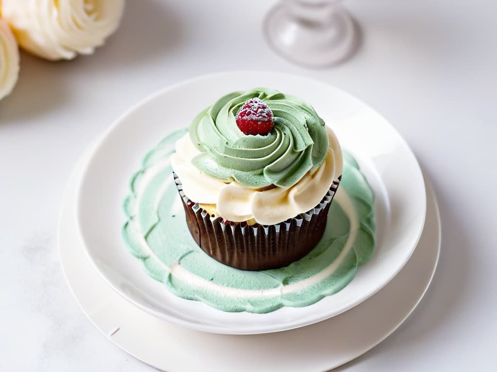  A highresolution image of a delicate, intricately decorated cupcake made with ethically sourced Fair Trade ingredients, placed on a simple, elegant white plate. The cupcake is adorned with swirls of pastelcolored buttercream frosting and topped with a single, perfectly shaped raspberry. The background is softly blurred to keep the focus on the exquisite details of the cupcake, showcasing the beauty and artistry that can be achieved with Fair Trade ingredients in baking. hyperrealistic, full body, detailed clothing, highly detailed, cinematic lighting, stunningly beautiful, intricate, sharp focus, f/1. 8, 85mm, (centered image composition), (professionally color graded), ((bright soft diffused light)), volumetric fog, trending on instagram, trending on tumblr, HDR 4K, 8K