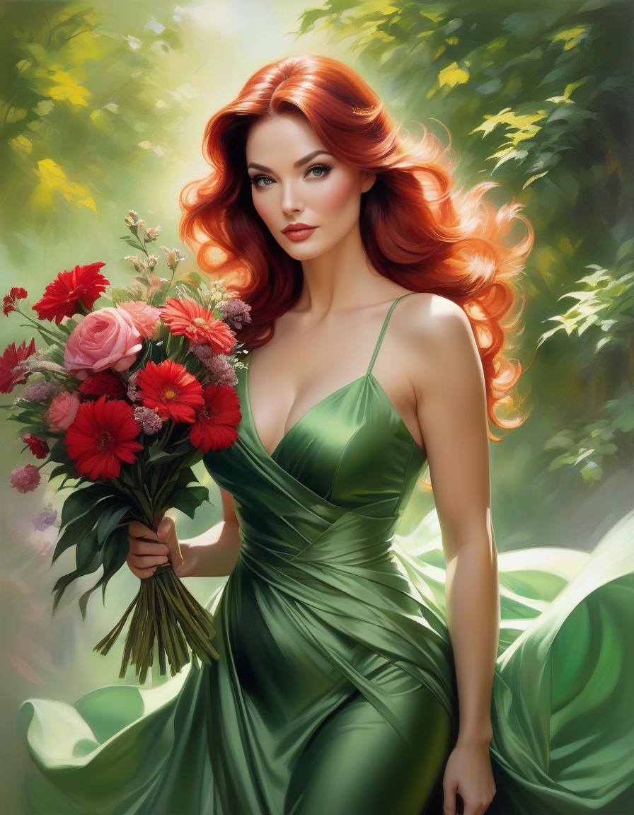  impressionist painting Painting of a woman in a green dress with a bouquet in her hands., stanley artgerm lau, steven artgerm lau, magali villeneuve', graphic artist magali villeneuve, artgerm lau, inspired by Magali Villeneuve, charlie bowater rich deep colors, Stanley Artgerm, red haired goddess, Стиль Stanley Artgermа . loose brushwork, vibrant color, light and shadow play, captures feeling over form hyperrealistic, full body, detailed clothing, highly detailed, cinematic lighting, stunningly beautiful, intricate, sharp focus, f/1. 8, 85mm, (centered image composition), (professionally color graded), ((bright soft diffused light)), volumetric fog, trending on instagram, trending on tumblr, HDR 4K, 8K