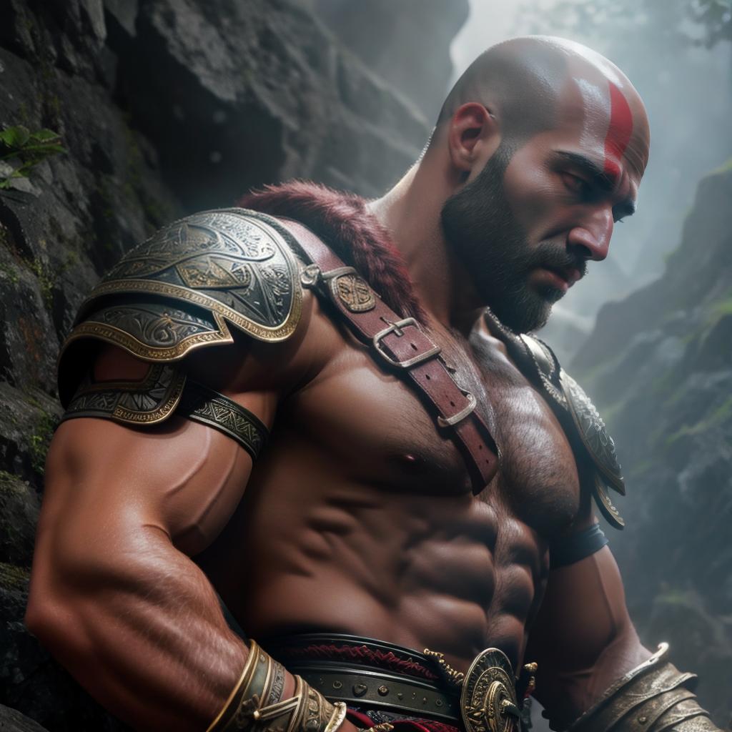  God of war hyperrealistic, full body, detailed clothing, highly detailed, cinematic lighting, stunningly beautiful, intricate, sharp focus, f/1. 8, 85mm, (centered image composition), (professionally color graded), ((bright soft diffused light)), volumetric fog, trending on instagram, trending on tumblr, HDR 4K, 8K