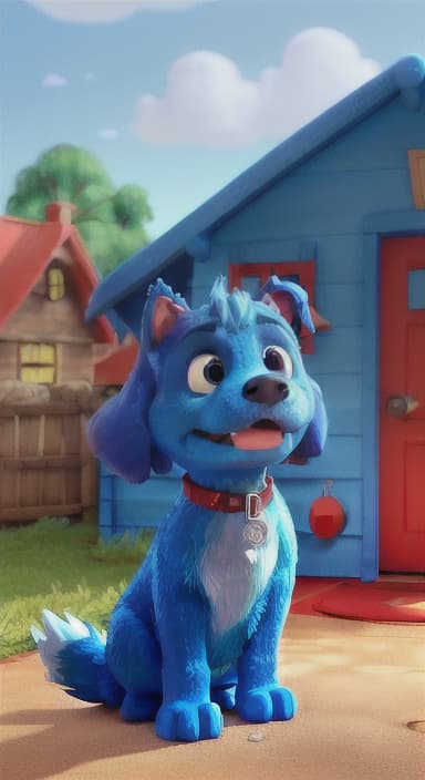  {Max the big blue dog standing in front of a cozy little house with a red door, The big blue dog is large with sky blue fur, big round eyes, a black nose, and floppy ears.