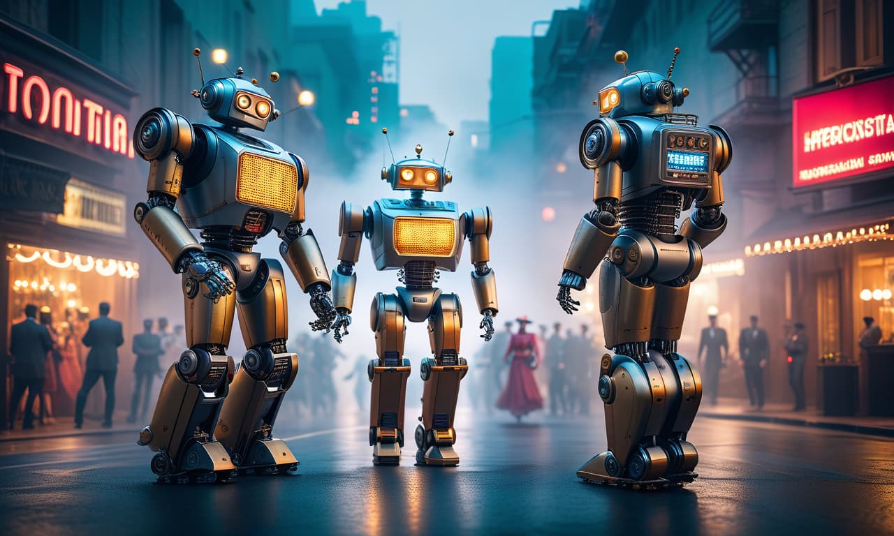  Happy robots are dancing. hyperrealistic, full body, detailed clothing, highly detailed, cinematic lighting, stunningly beautiful, intricate, sharp focus, f/1. 8, 85mm, (centered image composition), (professionally color graded), ((bright soft diffused light)), volumetric fog, trending on instagram, trending on tumblr, HDR 4K, 8K