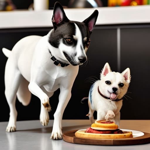  Un perrito de color blanco con una mancha negra en el ojo saltando sobre la una mesa en un restaurante. el contenido de la imagen debe ser de alta CÁLIDAd y mostra un Monmento graciosos