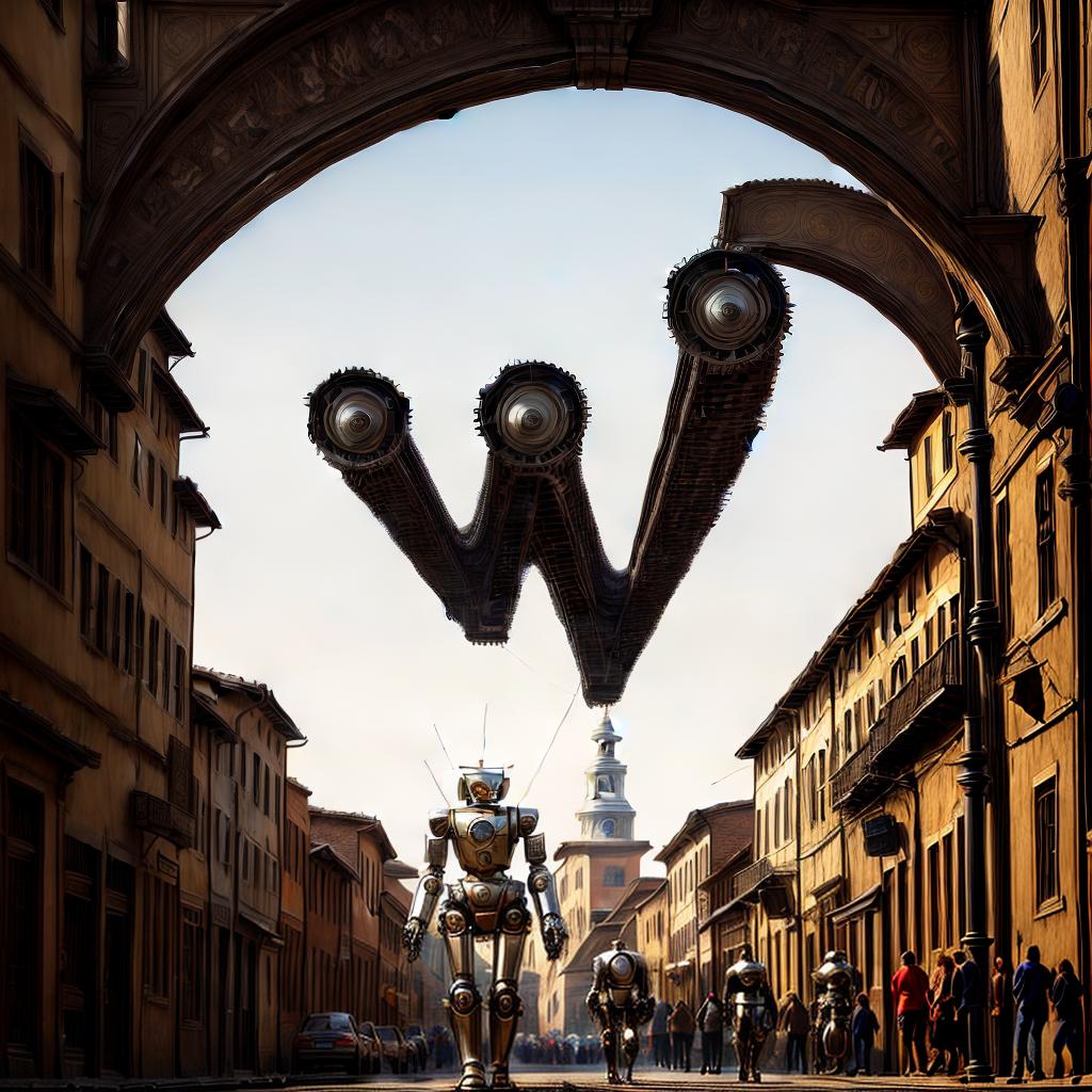  a Renaissance mechanical robot walking on a street, Renaissance photography, best quality, masterpiece