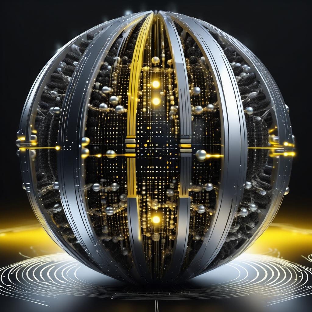 Quantum computer, core, correct form, clear lines, ideal drawing lines, digital world, AI concept, silver color sphere, black background, shining spheres with yellow light rays, concept art, cybernetics.