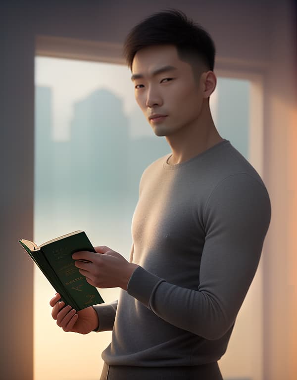  Chinese men are reading book，gay，Asian，Asiatic，Asian，Asian， portrait, happy colors, bright eyes, clear eyes, warm smile, smooth soft skin，symmetrical, anime wide eyes， huge pectorales, hyperrealistic, full body, detailed clothing, highly detailed, cinematic lighting, stunningly beautiful, intricate, sharp focus, f/1. 8, 85mm, (centered image composition), (professionally color graded), ((bright soft diffused light)), volumetric fog, trending on instagram, trending on tumblr, HDR 4K, 8K