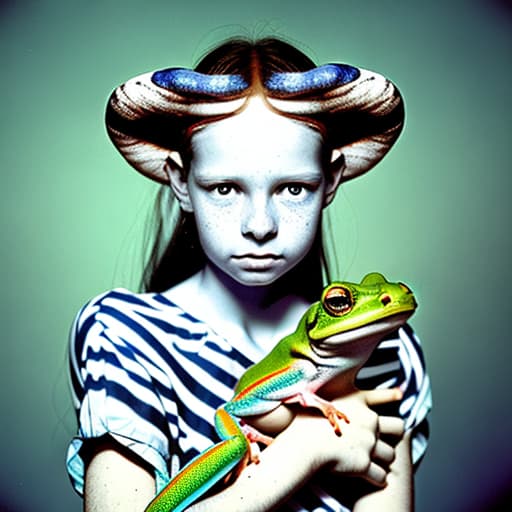  A young woman holding a coloured frog gecko in a sky blue and white striped surrounded by striped rusty metal robotic fishes from a dstopian labyrinth , stable diffusion, absolute reality v1.6, perfect symmetry, photo realistic raw, in the style of jock sturges and David hamilton victorian era, atmospheric and wabi sabi look