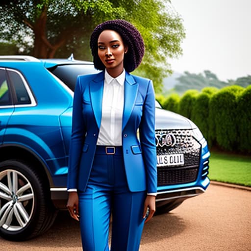  Beautiful Malawian girl standing next to an audi Q7 SUv, wearing a blue professional suit, using a Pixel fold and carrying an expensive handbag hyperrealistic, full body, detailed clothing, highly detailed, cinematic lighting, stunningly beautiful, intricate, sharp focus, f/1. 8, 85mm, (centered image composition), (professionally color graded), ((bright soft diffused light)), volumetric fog, trending on instagram, trending on tumblr, HDR 4K, 8K