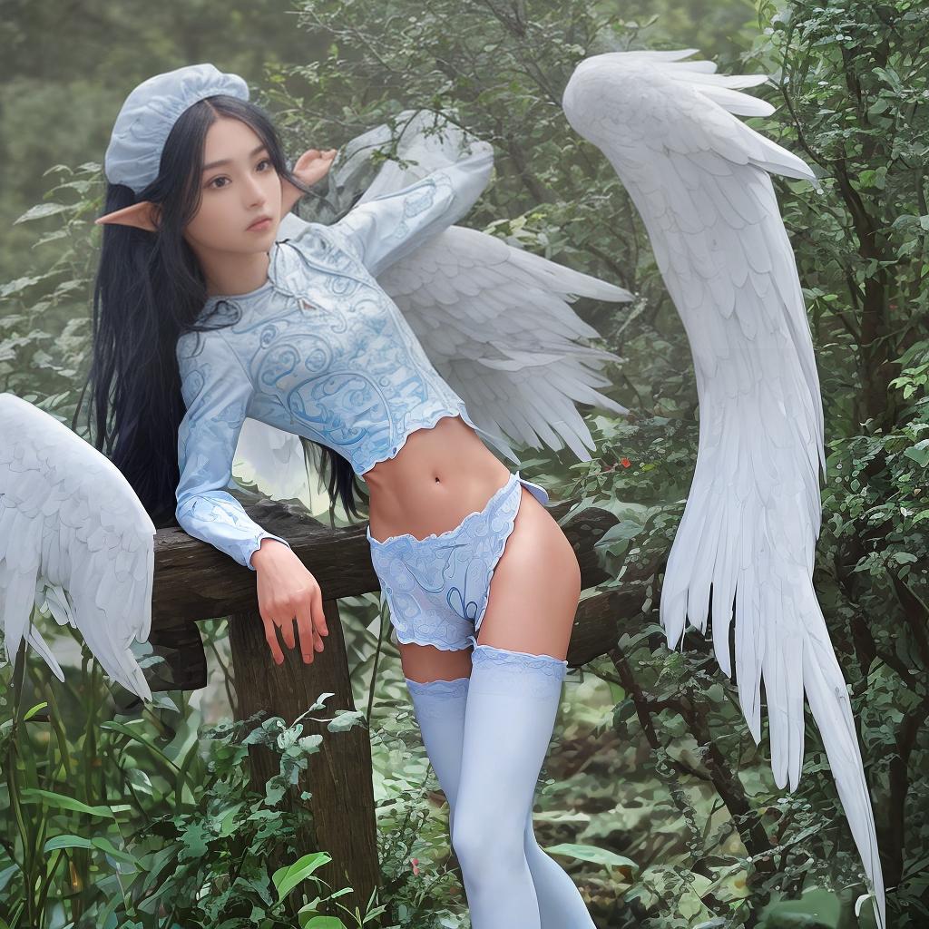  masterpiece, best quality, Cute , solo, skinni , flat skinny body, blue eyes, jewelry, long hair, looking at viewer, bare , white wings, thighhighs, feathered wings, angel wings, lips, hair hair, midriff, white thighhighs, angel, cowboy shot, pointy ears, realistic, art, standing, masterpiece,top quality, best quality photo, 8k resolution