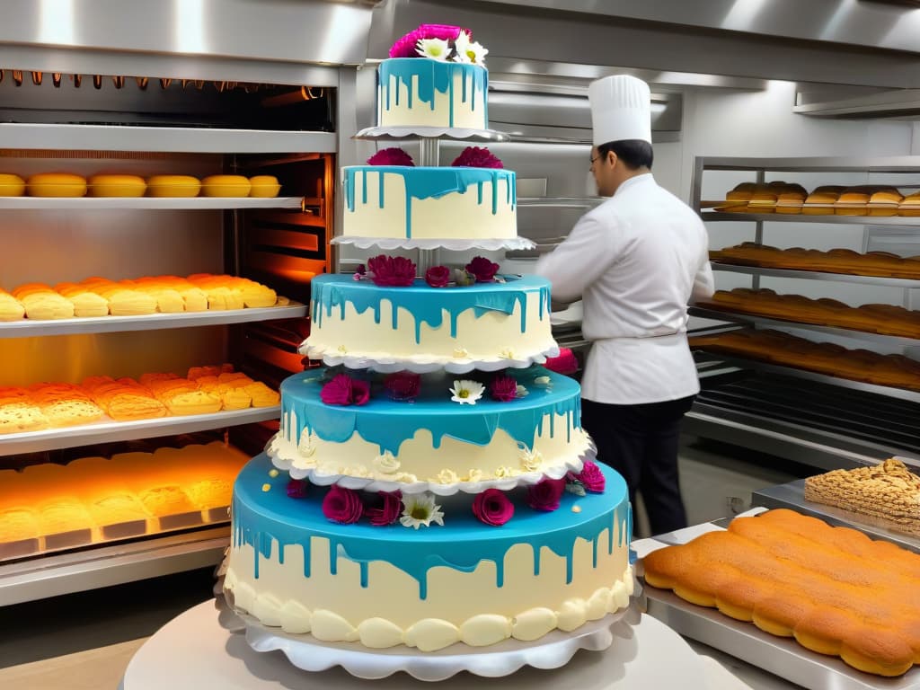  A photorealistic image of a professional pastry chef meticulously piping intricate designs on a multitiered wedding cake. The chef is focused, with a look of determination and precision on their face, surrounded by an array of colorful frosting bags, edible flowers, and delicate sugar decorations. The background showcases a pristine, wellequipped bakery kitchen filled with gleaming stainless steel countertops, hanging copper pots, and shelves lined with neatly organized baking ingredients. The warm glow of the oven's light illuminates the scene, adding a sense of warmth and artistry to the image. hyperrealistic, full body, detailed clothing, highly detailed, cinematic lighting, stunningly beautiful, intricate, sharp focus, f/1. 8, 85mm, (centered image composition), (professionally color graded), ((bright soft diffused light)), volumetric fog, trending on instagram, trending on tumblr, HDR 4K, 8K