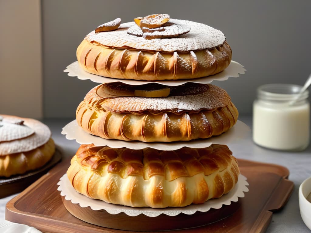  A closeup, highresolution image of a stack of freshly baked pastries, with golden, flaky crusts glistening under a soft, natural light. The pastries are artfully arranged on a rustic wooden board, showcasing a variety of shapes and textures, from buttery croissants to fruity turnovers. Each pastry is delicately dusted with a sprinkle of powdered sugar, adding a touch of elegance to the scene. The background is softly blurred, emphasizing the meticulous detailing of each pastry and creating a serene, inviting atmosphere that perfectly complements the article's theme of sharing sweetness and abundance with those in need. hyperrealistic, full body, detailed clothing, highly detailed, cinematic lighting, stunningly beautiful, intricate, sharp focus, f/1. 8, 85mm, (centered image composition), (professionally color graded), ((bright soft diffused light)), volumetric fog, trending on instagram, trending on tumblr, HDR 4K, 8K