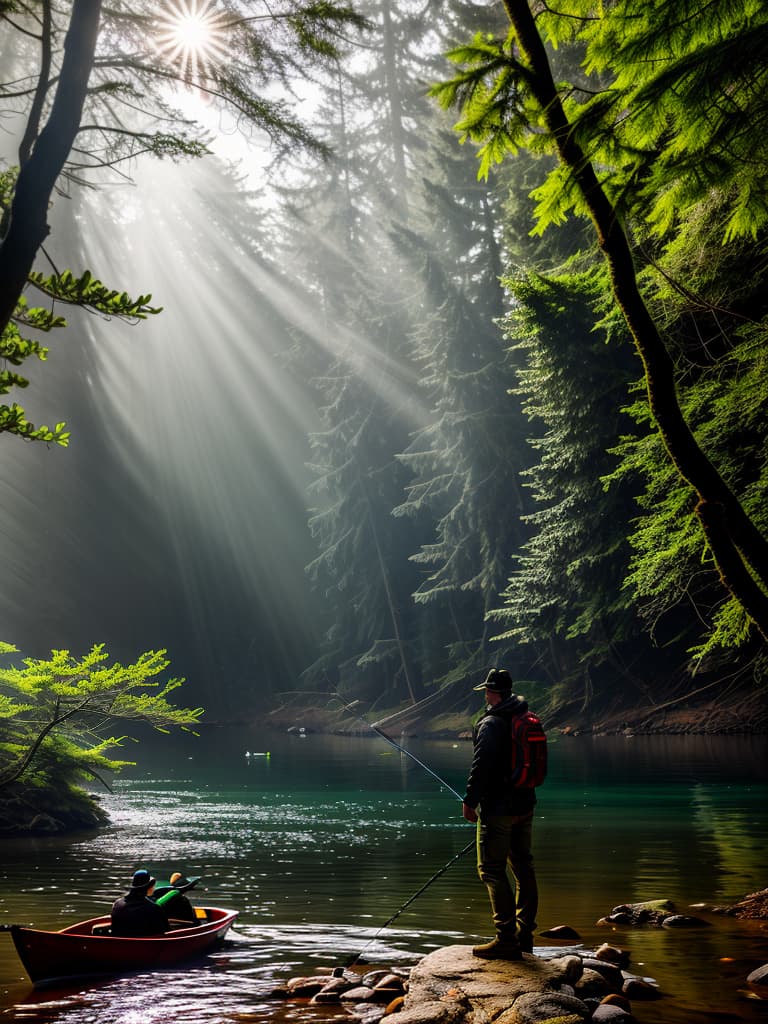  Guys on a fishing trip near green boat into forest at lake hyperrealistic, full body, detailed clothing, highly detailed, cinematic lighting, stunningly beautiful, intricate, sharp focus, f/1. 8, 85mm, (centered image composition), (professionally color graded), ((bright soft diffused light)), volumetric fog, trending on instagram, trending on tumblr, HDR 4K, 8K