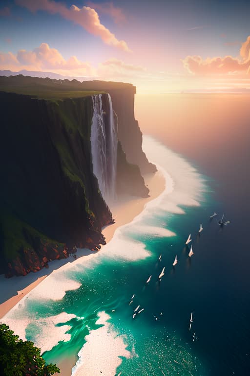  sea, tropical island, sandy beach, sunset sky, birds in the sky, waterfall close shot 35 mm, realism, octane render, 8 k, exploration, cinematic, trending on artstation, 35 mm camera, unreal engine, hyper detailed, photo realistic maximum detail, volumetric light, moody cinematic epic concept art, realistic matte painting, hyper photorealistic, epic, trending on artstation, movie concept art, cinematic composition, ultra detailed, realistic hyperrealistic, full body, detailed clothing, highly detailed, cinematic lighting, stunningly beautiful, intricate, sharp focus, f/1. 8, 85mm, (centered image composition), (professionally color graded), ((bright soft diffused light)), volumetric fog, trending on instagram, trending on tumblr, HDR 4K, 8K