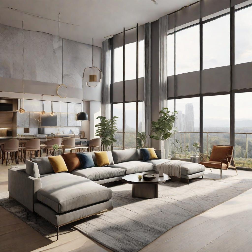  masterpiece, best quality, best quality, masterpiece, 8k resolution, high resolution apartment Living room concept art with floor-to-ceiling windows and modern furniture