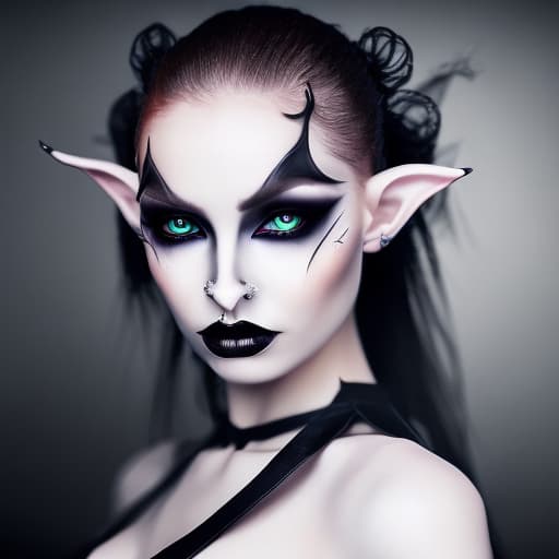 portrait+ style Female elf model wearing gothic style makeup with black elegant dress